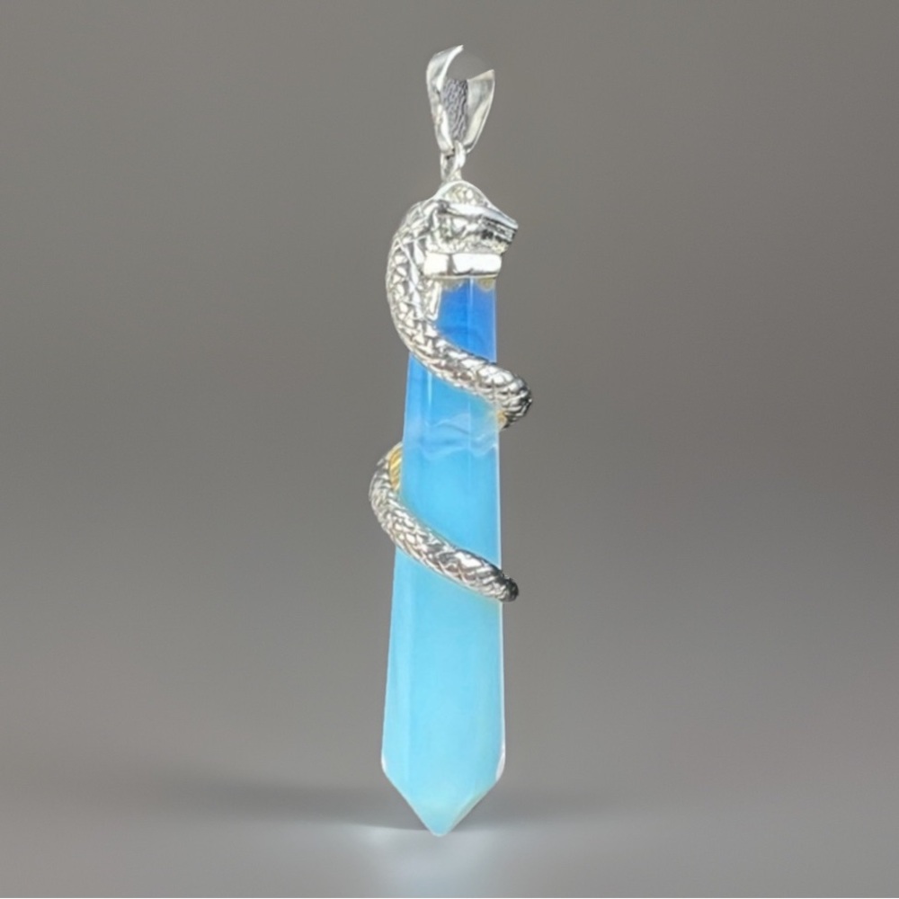 Silvertone snake wrapped iridescent weighted pendant + Free 16” Cord Necklace